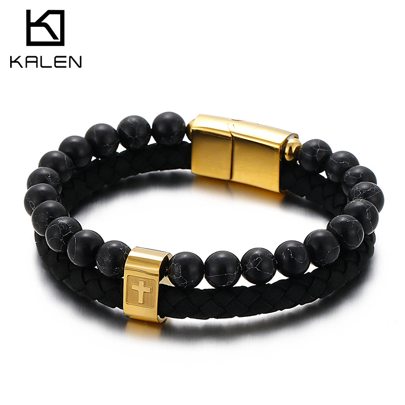 Rueda de tarjeta nueva decoración al por mayor europea y americana de los hombres de moda personalidad turquesa pulsera de acero inoxidable de los hombres de moda cruz pulsera de cuero