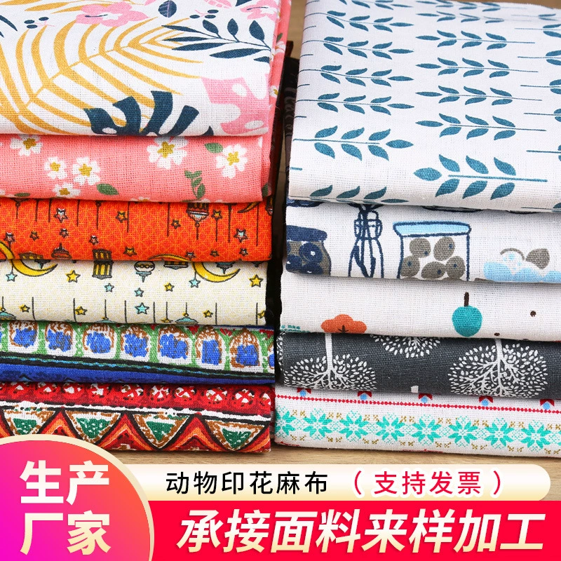 Спотовые поставки поддержки оптовая продажа растительного принта льняного полиэстер хлопчатобумажной ткани для украшения дома ткань песок выпуск скатерти скатерть