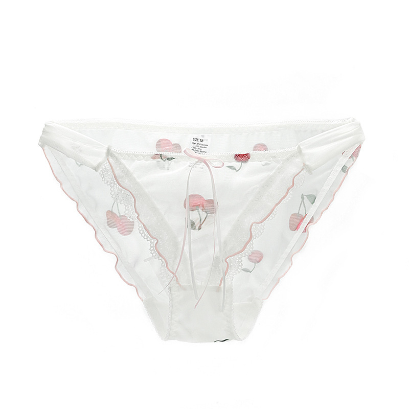 Women's Lace Transparent Bikini Panties, Sexy Low-Rise, Young Girl Style, Cotton Crotch, Breathable, Seamless, Fruit Design