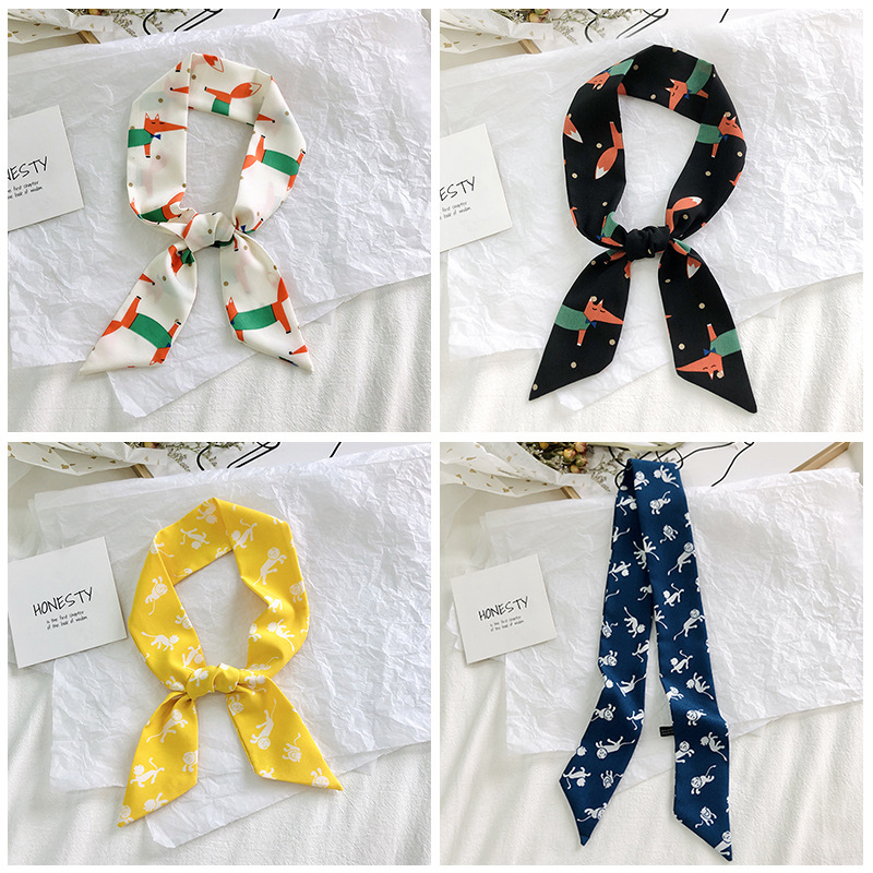 Primavera y otoño coreano bufandas de seda estrechas de decoración de banda larga impresión de seda simulada bufandas de ángulo agudo al por mayor en stock