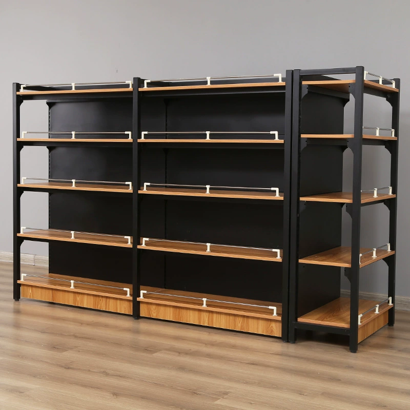 Полки для магазинов, комбинированные многослойные стеллажи из стали и дерева, многофункциональные многофункциональные стеллажи для закусок среднего класса, сборные полки для супермаркетов