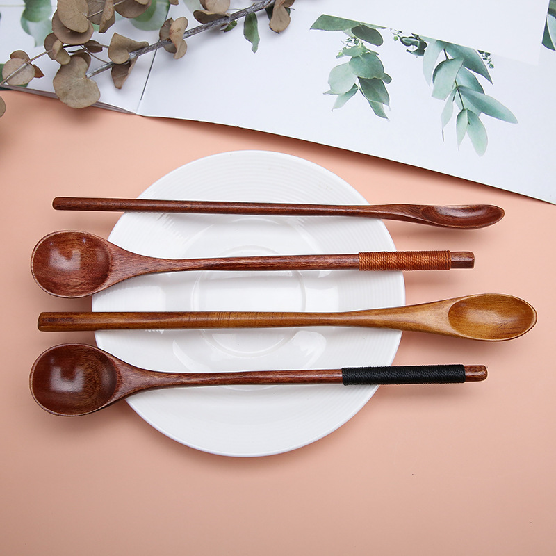 Estilo japonés bobinado mango largo cuchara de madera pintura grande café leche té miel mezcla cuchara vajilla de madera cuchara de sopa imprimible LOGO