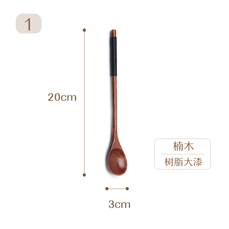 Estilo japonés bobinado mango largo cuchara de madera pintura grande café leche té miel mezcla cuchara vajilla de madera cuchara de sopa imprimible LOGO