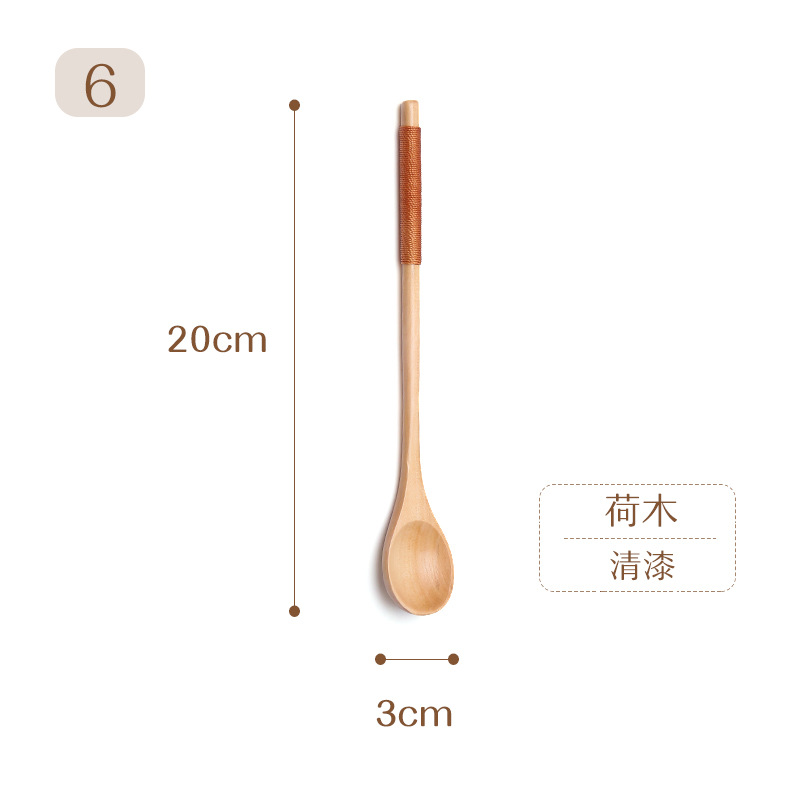 Estilo japonés bobinado mango largo cuchara de madera pintura grande café leche té miel mezcla cuchara vajilla de madera cuchara de sopa imprimible LOGO