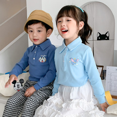 Children's Long-Sleeve Printed Shirt 2024 Spring and Autumn New White Polo Shirt for Boys and Girls College Collar Top
