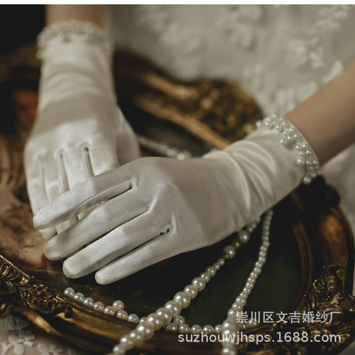 Korean satin face wedding pearl gloves white bag five finger short dress performance daily photo gloves wholesale