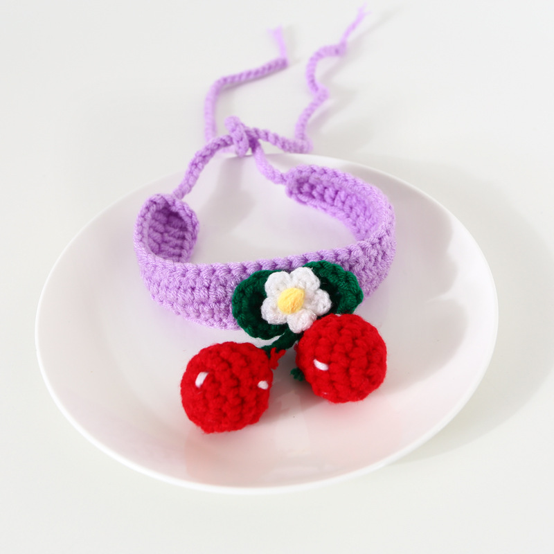 Mascotas ganchillo a mano lana cereza gatos perros collar ajustable accesorios collar flores trenzado