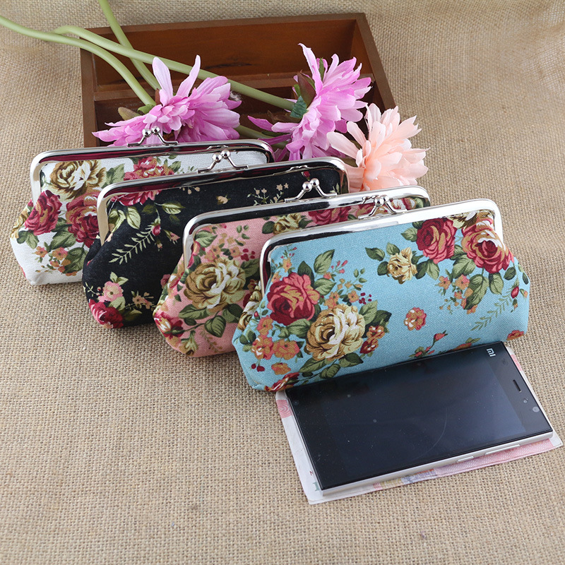 Fabric Ladies Yiwu Wallet Long Rose Canvas Coin Purse Printed Hand-Held Student Pen Bag Ready in Stock