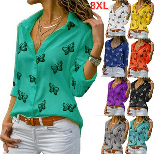 Women's 2020 Multicolor Butterfly Printed Loose Lapel Shirt