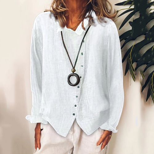 Women's large size breathable loose pure color temperament linen shirt T-shirt long-sleeved business casual