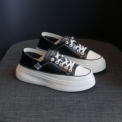 Two-wear white shoes for women 2024 spring new soft leather inner heightening shallow mouth sports and leisure thick-soled platform shoes