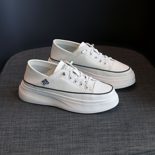 Two-wear white shoes for women 2024 spring new soft leather inner heightening shallow mouth sports and leisure thick-soled platform shoes