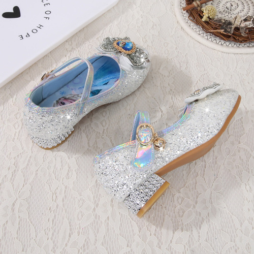 Girls Princess Shoes Fashion Spring and Autumn New Children's High Heels Elsa Princess Shoes Soft Sole Leather Shoes Crystal Single Shoes