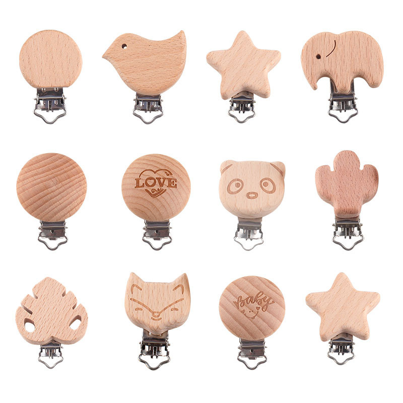 baby products pacifier clip cartoon animal original wooden pacifier clip soothing beech wood diy safety protection clip