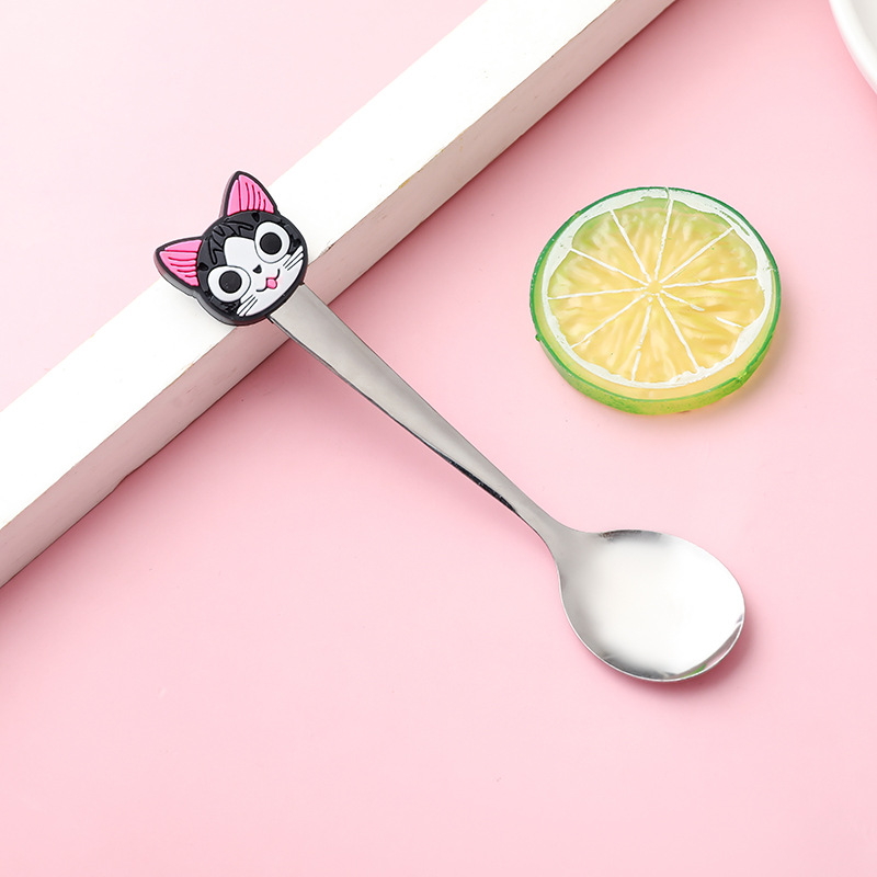 T Cartoon Stainless Steel Spoon, Cute Silicone Handle For Children, Stylish Coffee Stirring Spoon_voghion.com