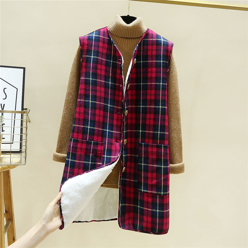 2021 Otoño e Invierno chaleco forrado de lana de cordero engrosado estilo coreano chaleco a cuadros suelto chaleco largo abrigo cálido para mujeres