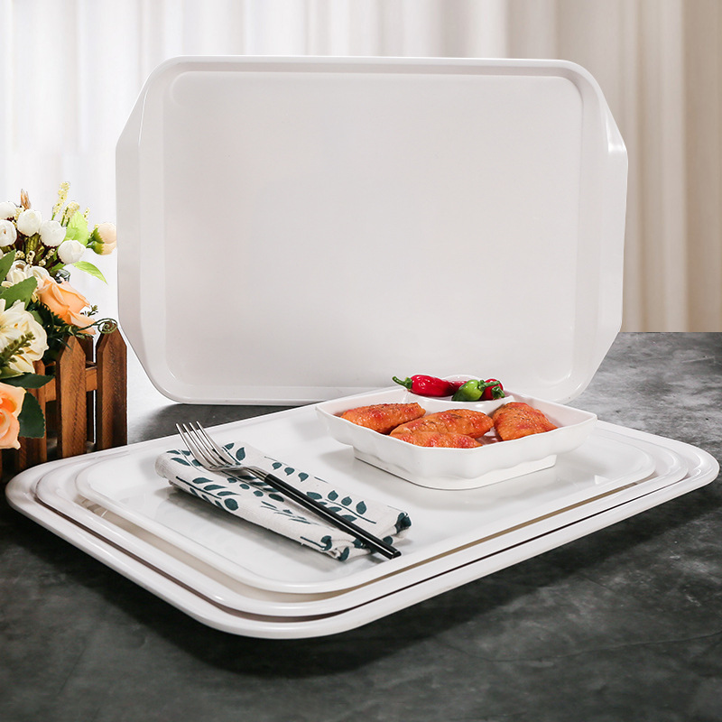Melamine tray rectangular white plastic plate porcelain restaurant commercial fast food plate bread cake tray binaural