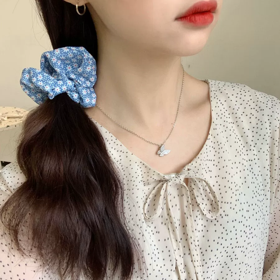 Scrunchie Ponytail Hair Rope, Korean Style, Simple Elegant Blue Patterns, Pack of 5