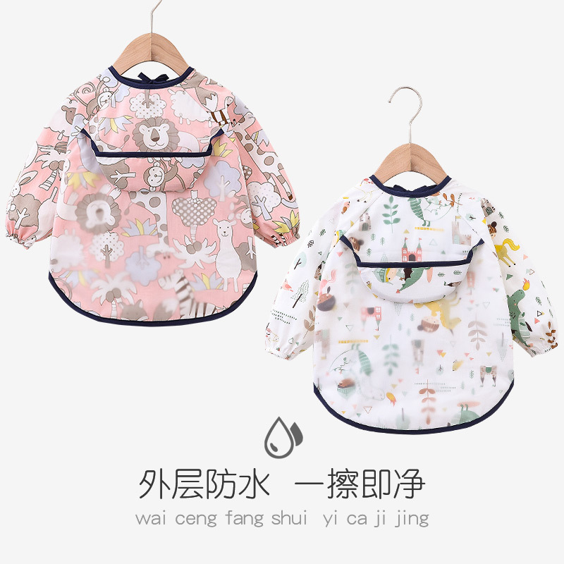 Abrigo para niños primavera y otoño impermeable de manga larga anti-vestirse bebé comiendo ropa delantal niños babero ropa protectora con babero