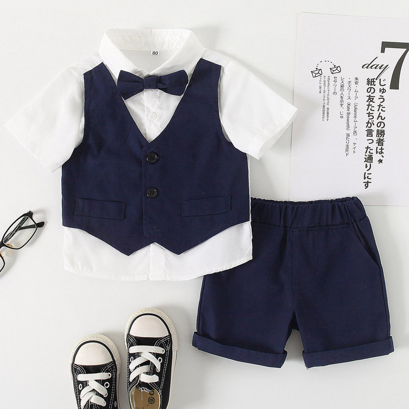 Back-To-School Boys Korean Style Small Suit Summer New Children's Short-Sleeved Shirt Fake Vest Graduation Dress Children's Suit