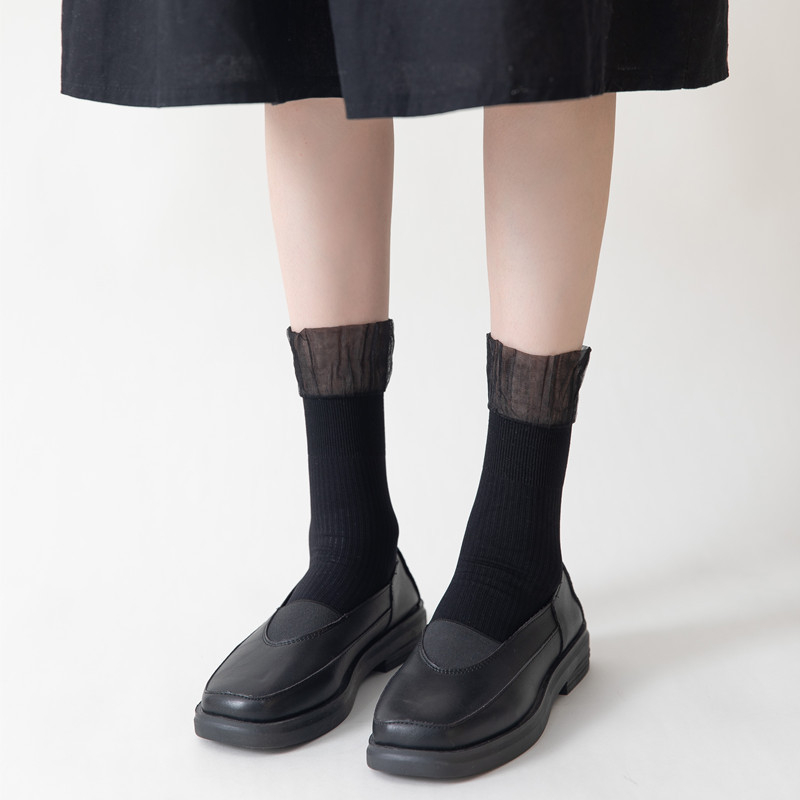 Velvet Short Socks with Bubble Cuffs, Vertical Stripes, Lace Trim, Jk Lolita Style for Women, Autumn and Winter Mid-Calf Stacked Japanese Style