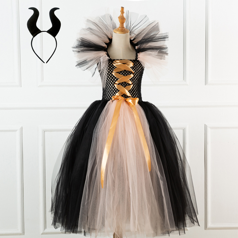 Halloween ropa para niños de Europa y América largo vestido de niña bruja tocado libre rendimiento vestido de malla fantasma Festival princesa vestido