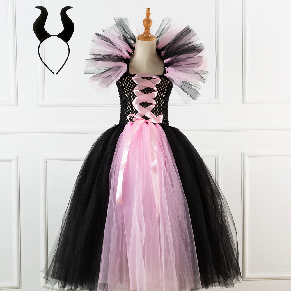 Halloween ropa para niños de Europa y América largo vestido de niña bruja tocado libre rendimiento vestido de malla fantasma Festival princesa vestido