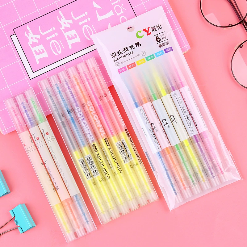 Креативный двуглавый двухцветный маркер, 6 предметов, студенческие канцелярские принадлежности, школьные принадлежности, маркер, цветная наклонная маркировочная ручка