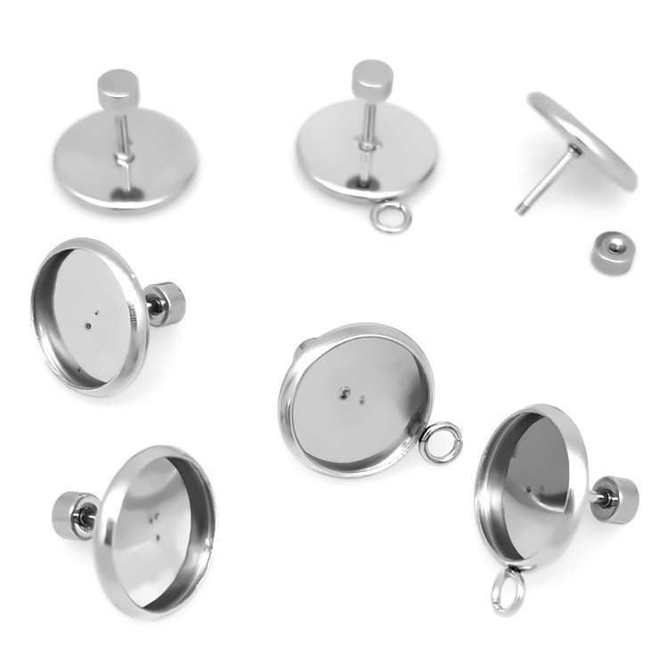 不锈钢钉宝石托耳钉 diy不易过/敏圆形穿刺耳环底托带吊圈批发