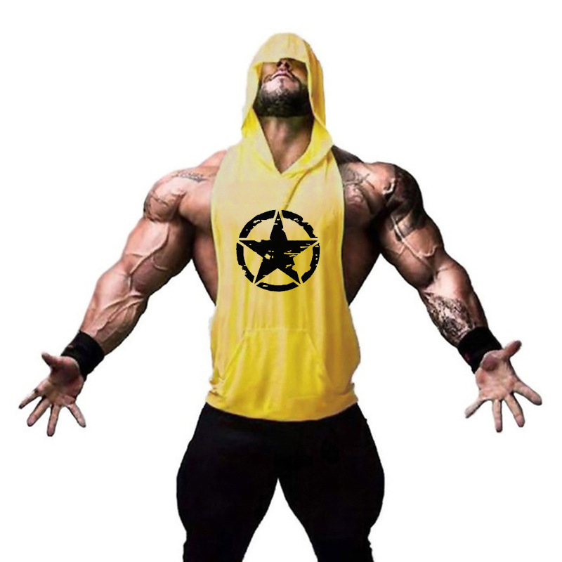 Summer new European and American men's sports vest bodybuilding fitness outdoor sports hooded waistband I-shaped vest