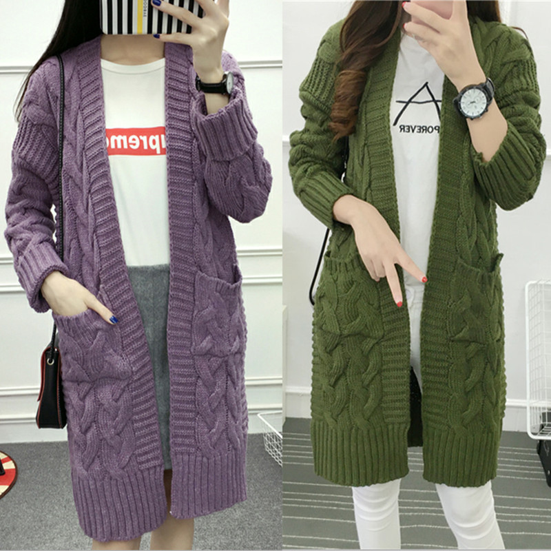 Korean Style Twist Knitted Cardigan Jacket Women's New Fashion Thick Needle Loose Mid-Length Pocket Jacket