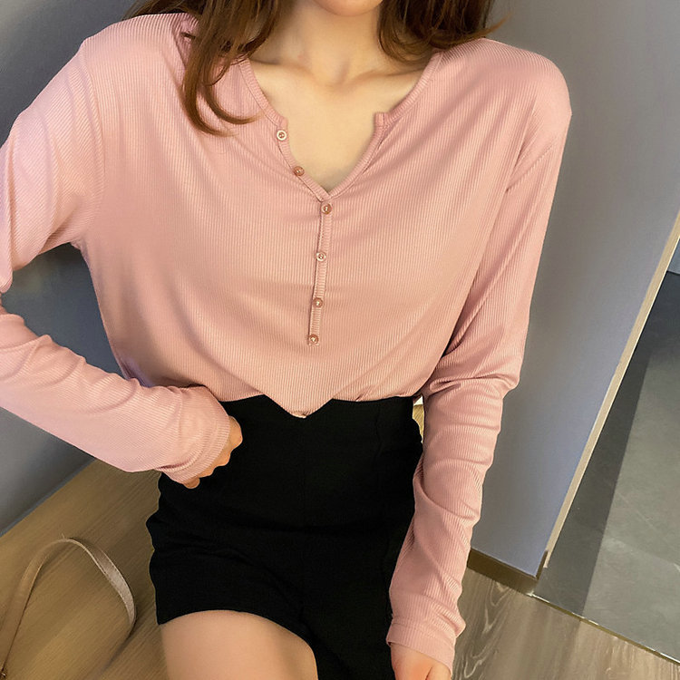 2023 Primavera/Verano/otoño nueva camisa de fondo máscara superior hilo de color sólido de manga larga Camiseta de las mujeres con cuello en V camisa pequeña cuerpo image 9
