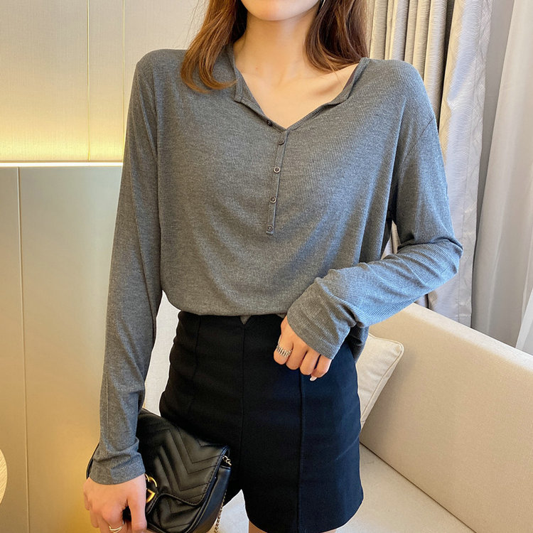 2023 Primavera/Verano/otoño nueva camisa de fondo máscara superior hilo de color sólido de manga larga Camiseta de las mujeres con cuello en V camisa pequeña cuerpo image 10