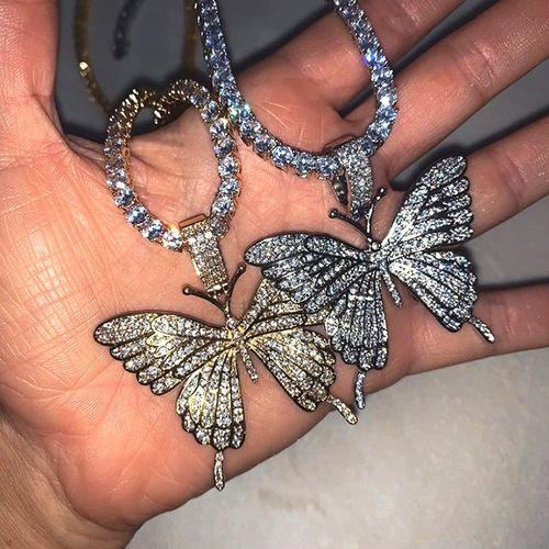 Cuban butterfly necklace European and American cross-border rhinestone butterfly pendant necklace hip-hop jewelry tennis choker