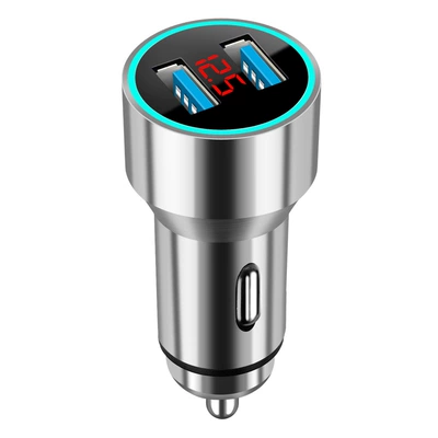 New 66W super fast charge Mobil şarj cihazları - alloy-34a-digital-display-car-charger-opp-bag-gray