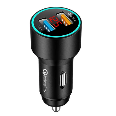 Mobil şarj cihazları digital display car charger metal - alloy-qc30-24a-digital-display-car-charge-fast-charge-opp-bag-black