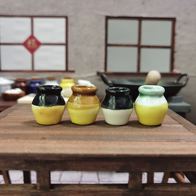 袖珍物语迷你陶瓷坛子罐子撞色复古酒坛泡菜坛小小厨房过家家玩具