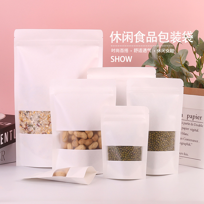 Manufacturer wholesale thick white cowhide open window paper bag self-standing bone bag food packaging bag sealable self-sealing bag