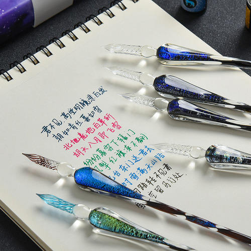 New handmade starry sky glass pen set dipped in water starry sky glass signature pen crystal pen gift box set