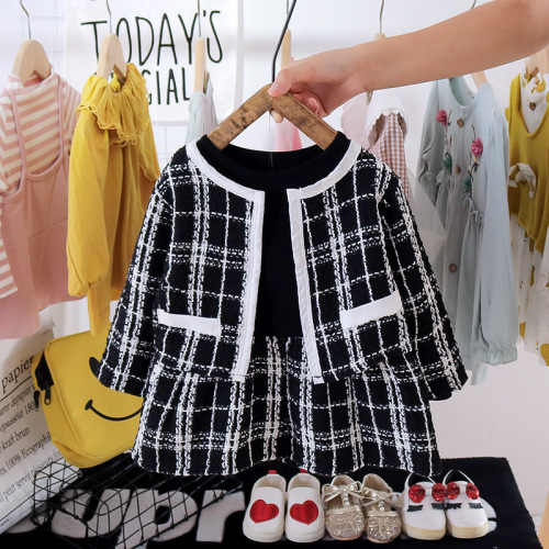 Ladies' Checkered Set Stylish Spring and Autumn Sheath Dress with Baby Powder Wind New Version 2 Children Baby Korean Style Dress and Outerwear 4 Piece Set