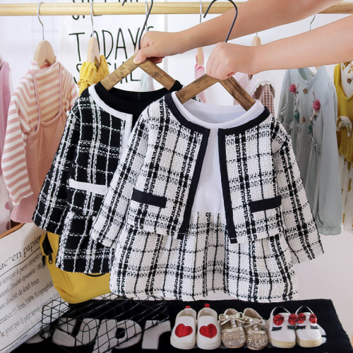 Ladies' Checkered Set Stylish Spring and Autumn Sheath Dress with Baby Powder Wind New Version 2 Children Baby Korean Style Dress and Outerwear 4 Piece Set