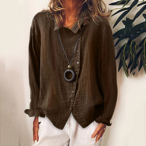 Women's large size breathable loose pure color temperament linen shirt T-shirt long-sleeved business casual