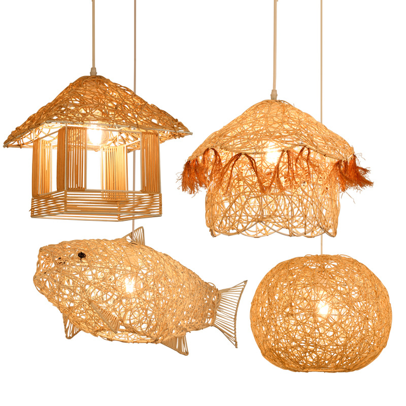 Araña de ratán chino Sudeste de Asia calabaza creativa sala de té B & B lámpara ratán paja personalizada casa cafetería lámparas