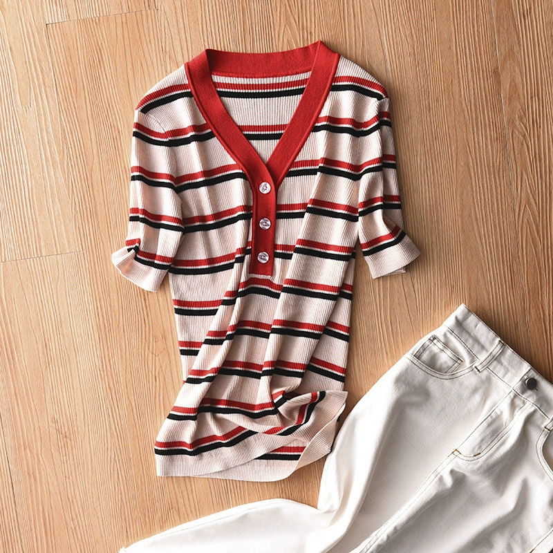 Port Rice [Хорошее качество Повторите] дышащая цветная полоса Henry V-образным вырезом свитер с короткими рукавами лето