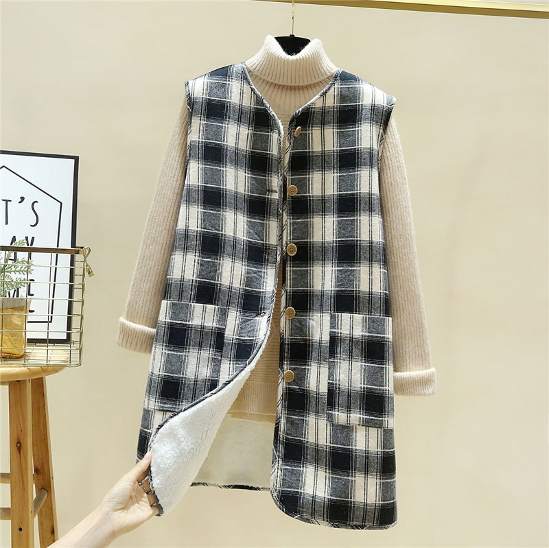 2021 Otoño e Invierno chaleco forrado de lana de cordero engrosado estilo coreano chaleco a cuadros suelto chaleco largo abrigo cálido para mujeres