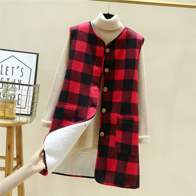 2021 Otoño e Invierno chaleco forrado de lana de cordero engrosado estilo coreano chaleco a cuadros suelto chaleco largo abrigo cálido para mujeres