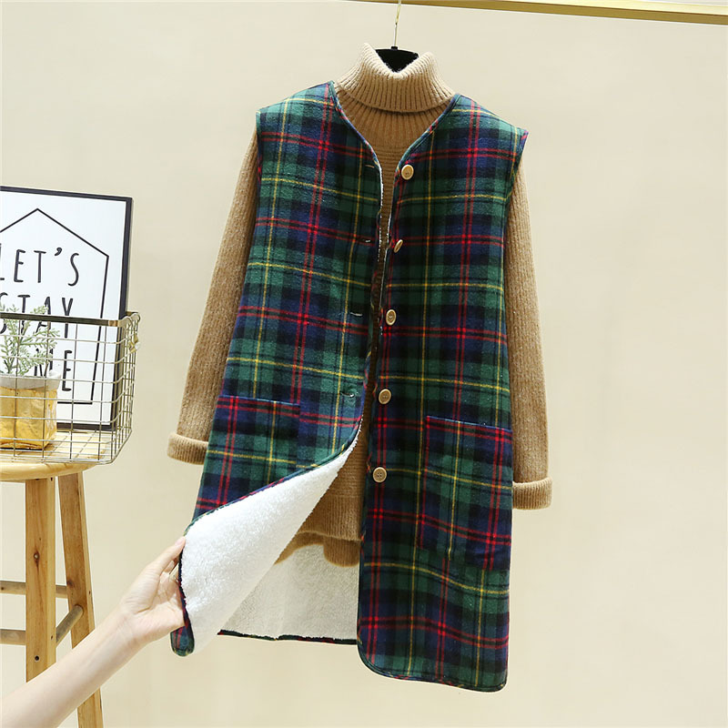 2021 Otoño e Invierno chaleco forrado de lana de cordero engrosado estilo coreano chaleco a cuadros suelto chaleco largo abrigo cálido para mujeres