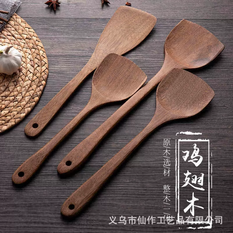 ✅@ Non-stick long-handled spatula, no paint, no wax, chicken wing wood, wooden spatula, wooden spoon set, kitchen tool