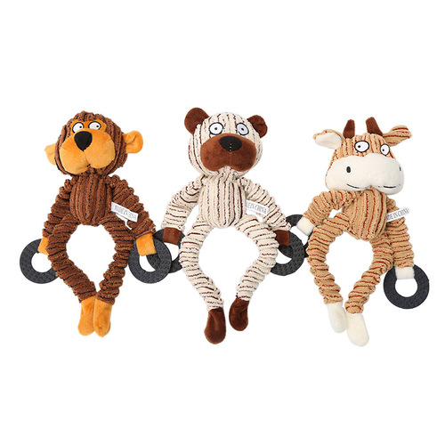 Corduroy dog ​​toy, teeth grinding cartoon, little monkey, bull and bear shape dog toy, rubber ring pet toy