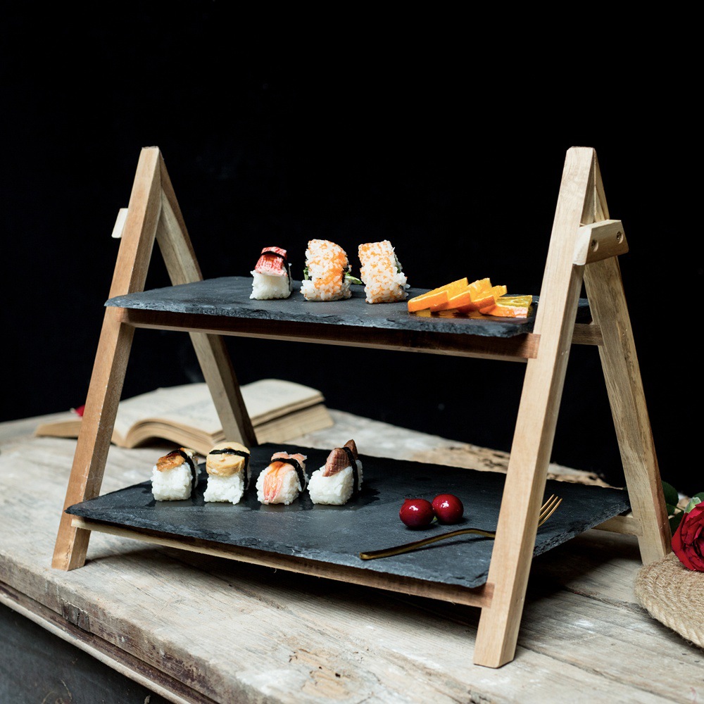 复古双层石板餐托盘蛋糕架古色餐厅摆盘展示盘水果小吃点心架餐盘